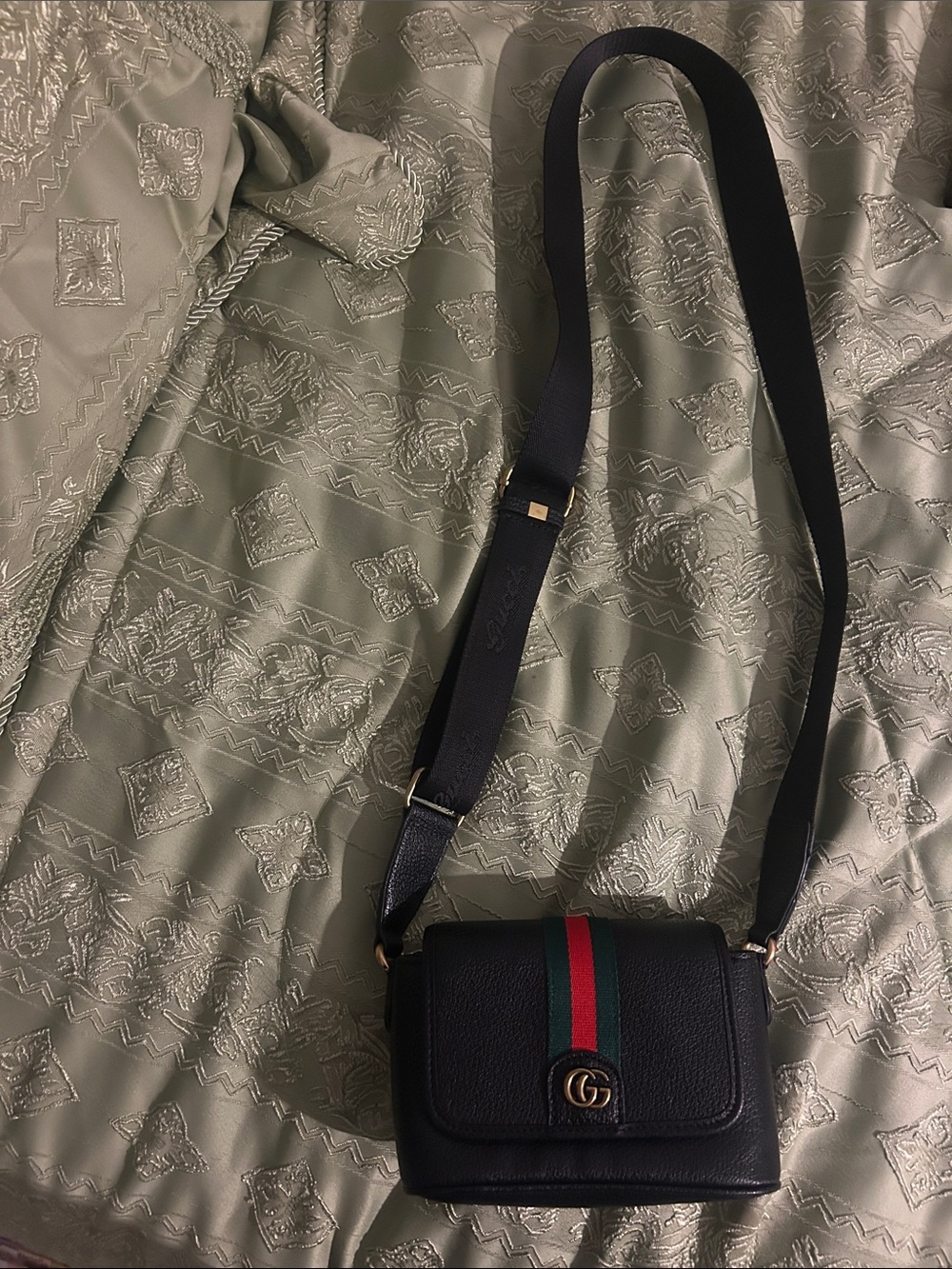 Women's Black Crossbody Bag with Green-Red Stripe